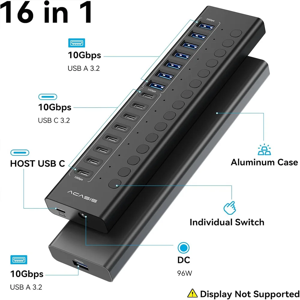 ACASIS 16 Ports Powered USB Hub 10Gbps 8*USB-A 8*USB-C Individual On/Off Switch for Each Port Aluminum Housing Better Heat Dissipation Plug & Play With 96W Power Adapter