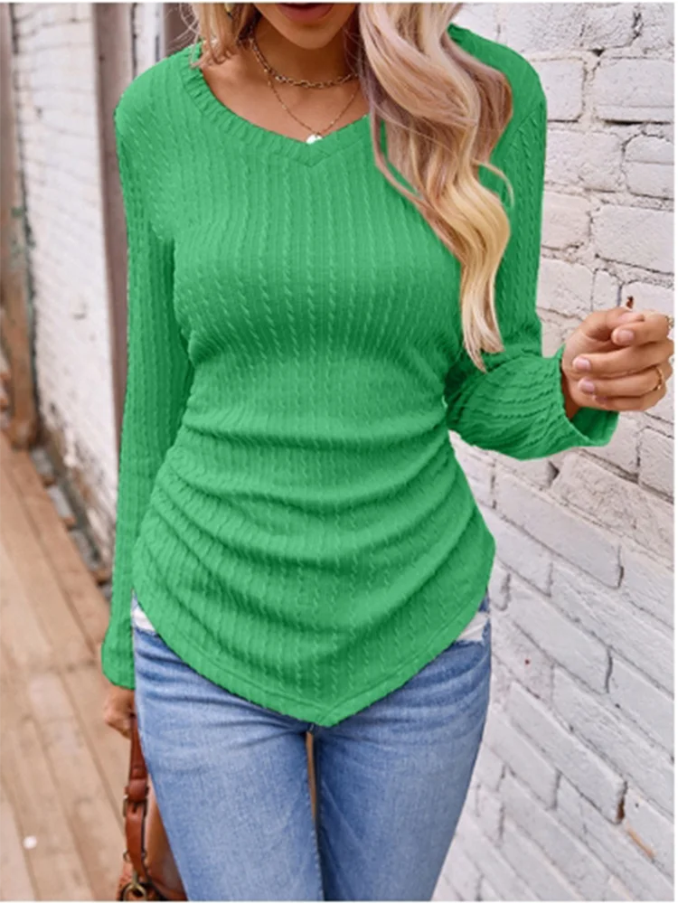 V-Neck Solid Color Long Sleeve Knitted Top Women\'s Elegant Autumn Spring Pullover T-Shirt