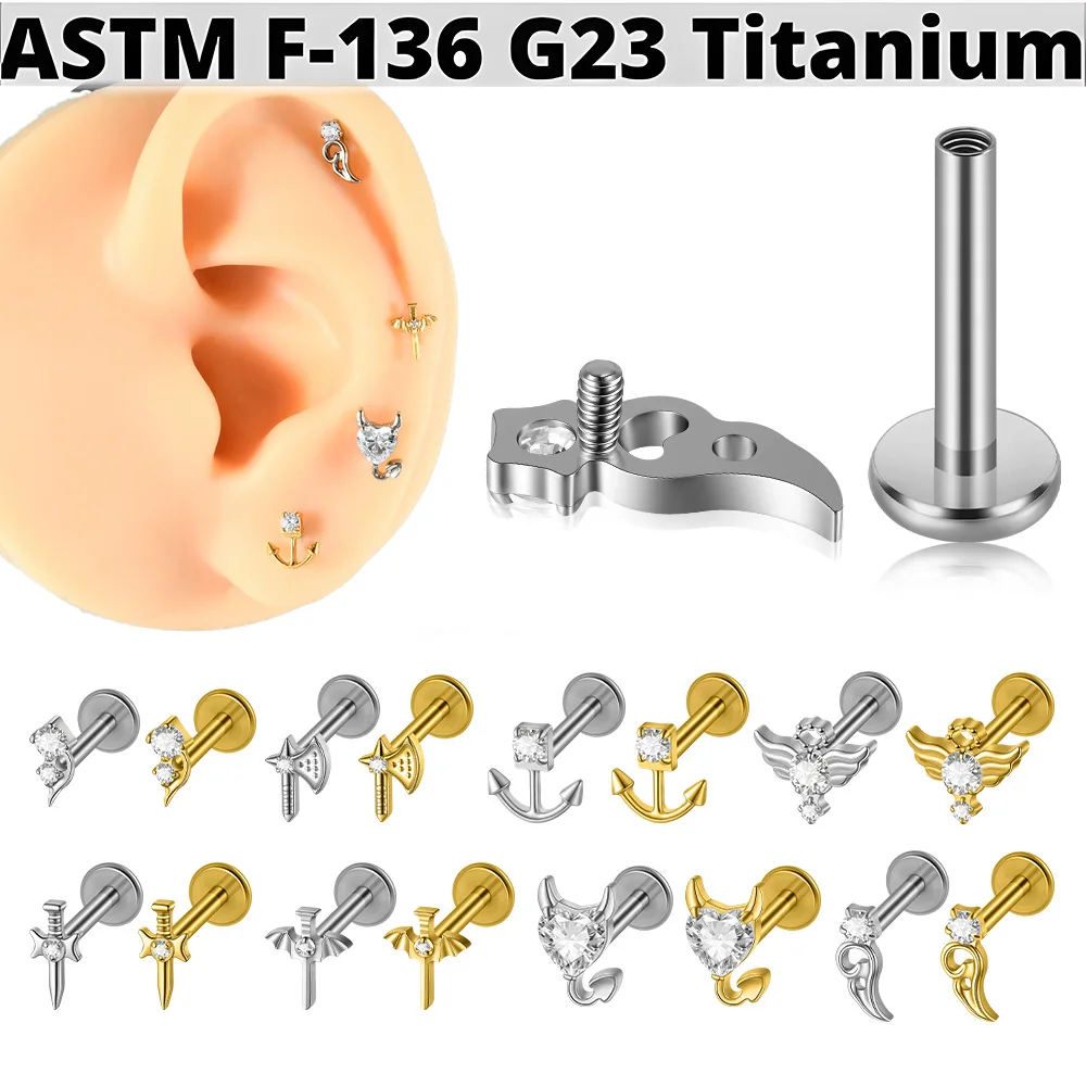 1PC G23 Solid Titanium Anchor Cartilage Earrings Stud Zircon 16G Internally Threaded Sword Wings Helix Ear Tragus Body Piercing