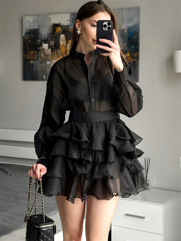 

Tossy Black Ruffled See-Through Mini Dress Women High Waist Patchwork Casual Commute Fashion Dress Female Summer Bodycon Dress