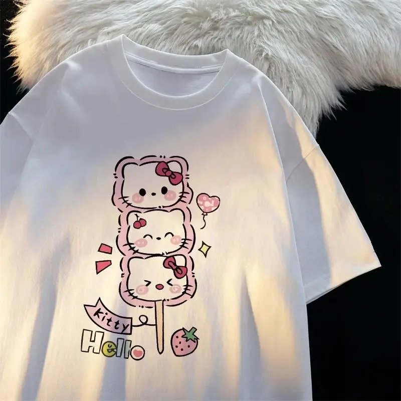 

Sanrio Hello Kitty Beige Tee Triple Character Print Pink Balloons Diamond Shapes Hello Kitty Text Strawberry Cotton Casual Tops