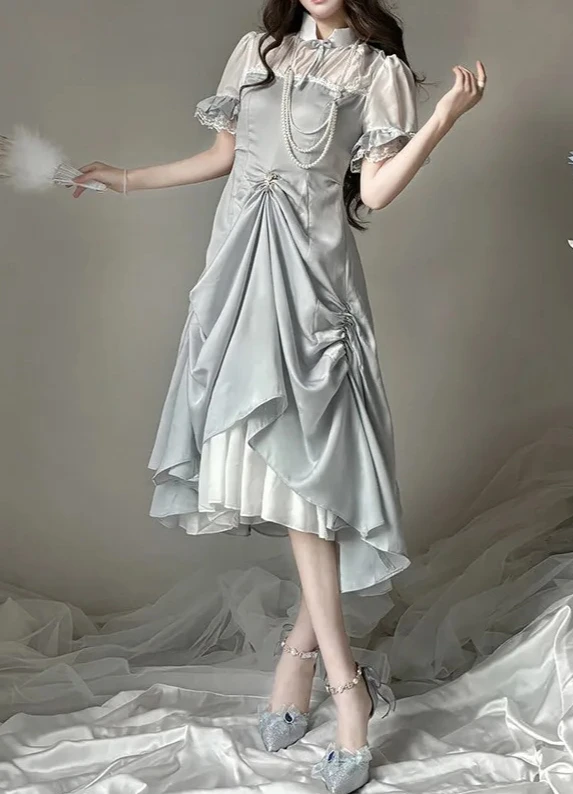

Original Design Elegant Temperament Fairy Style Dress Sweet Bow Stand-up Collar Short Sleeve Slim Irregular Dress Long Dresses