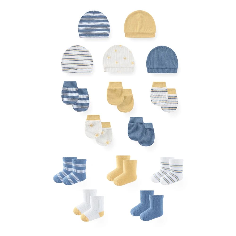 15Pcs 0-1Y Unisex Baby Accessory Set Dopamine Bright Color Mix All Season Soft Cotton Hats Gloves Socks Booties Set