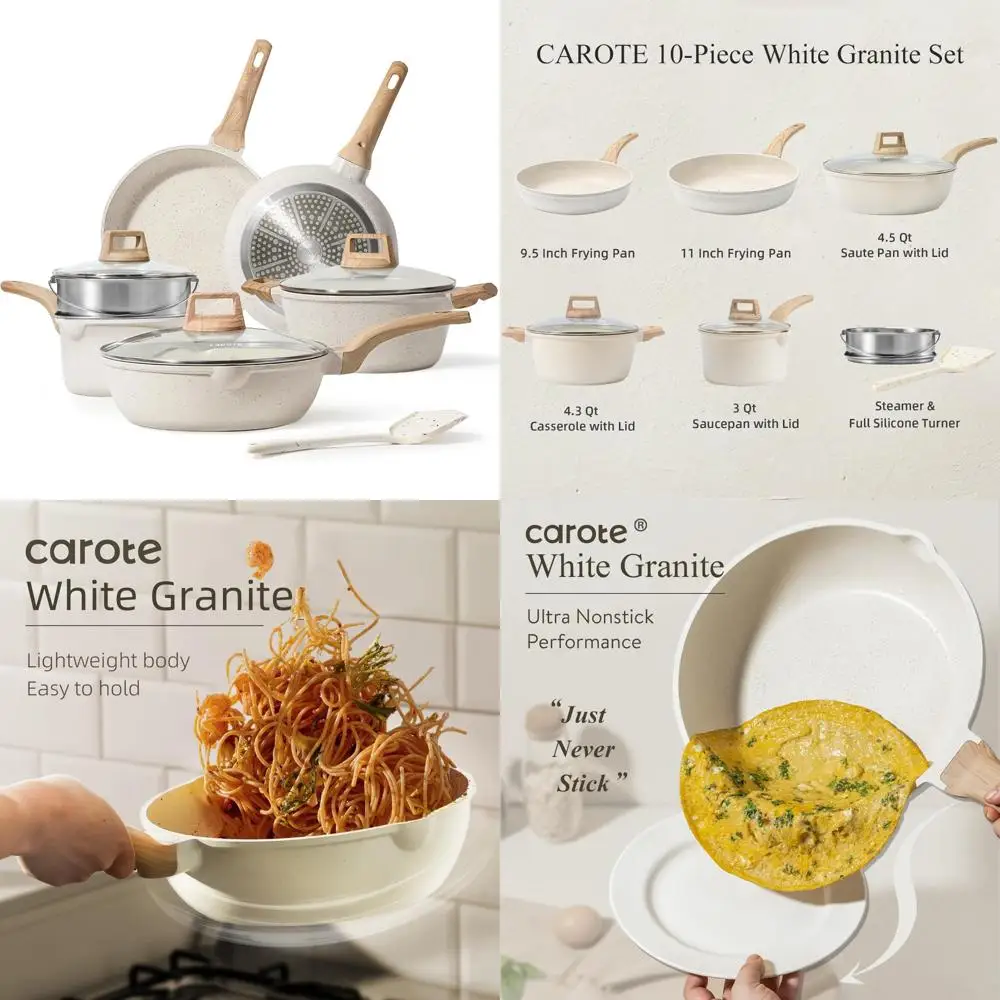 

pots and pans set nonstick, white granite induction kitchen cookware set, 10 pcs non stick cooking set w/frying pans & saucepan