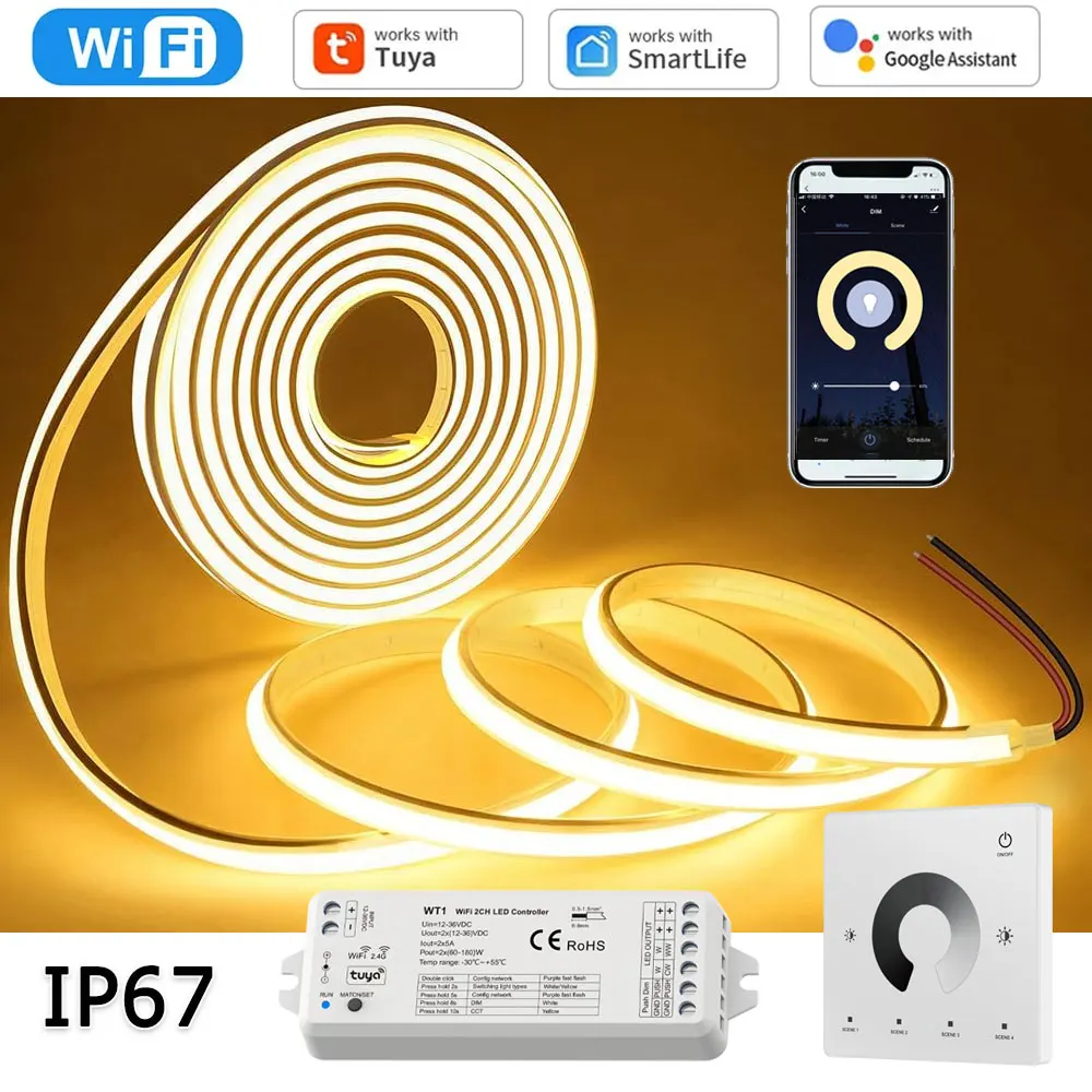 10m 20m Waterproof Tuya WiFi COB LED Strip IP67 24V Dimmable Room Outdoor Light Warm White Touch Remote for Alexa Home Assistant