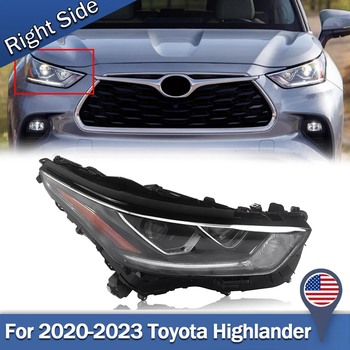 Front Headlight Right Replace For Toyota Highlander 2020 2021 2022 2023 Projector Black Headlight Passenger LED DRL Signal Lamp