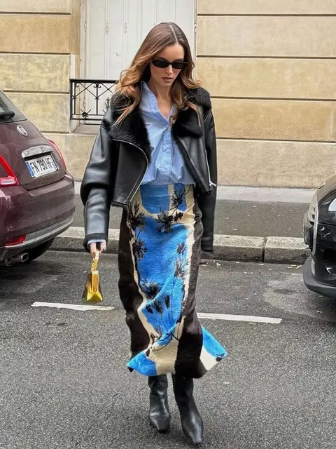 HH Women's Spring Fashion Street Pencil Skirts Zipper Vent Behind High Waist Female Printed Midi Causal Chic Long Skirts
