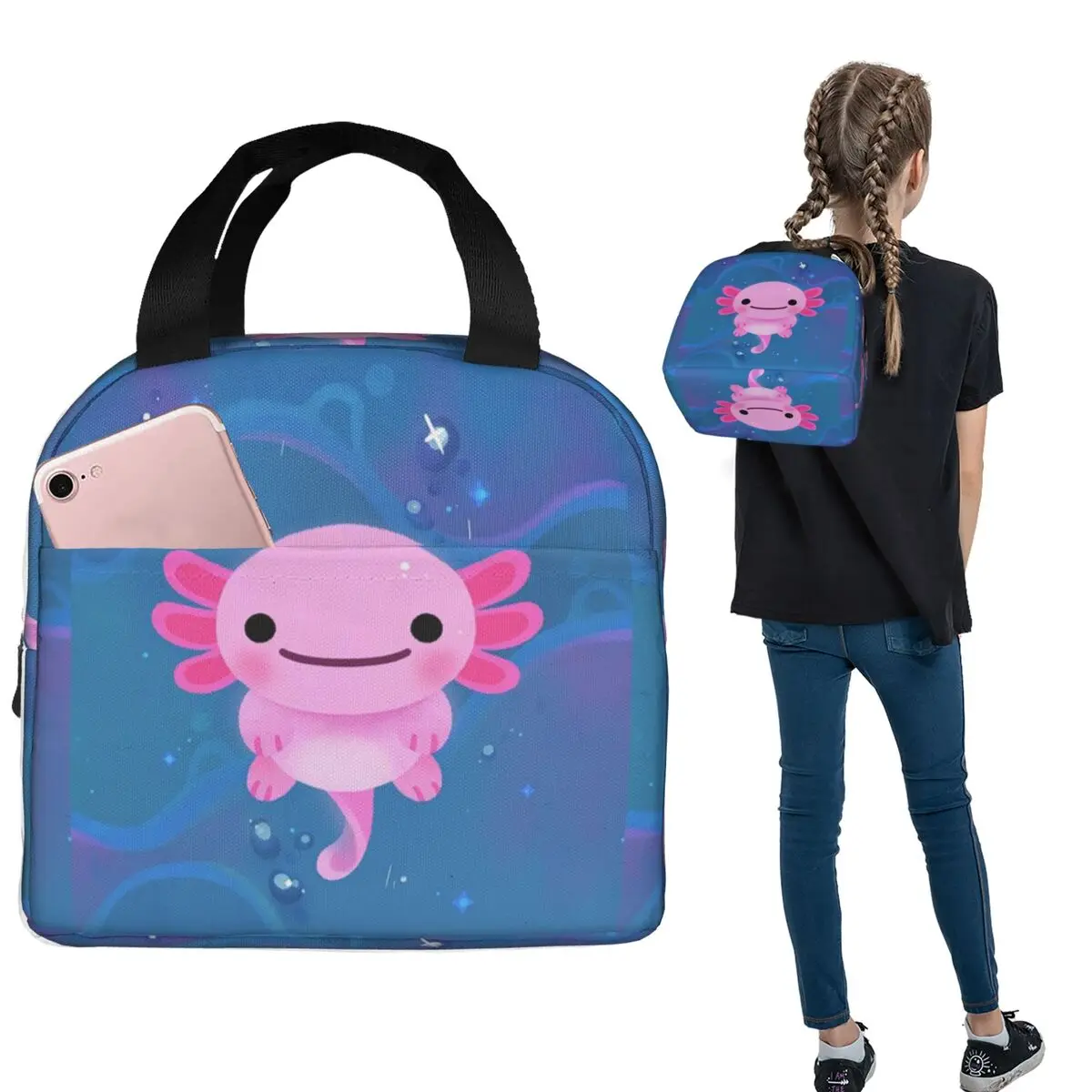 Kawaii Axolotl Mexican Salamander Insulated Lunch Bag for Women Children Portable Food Boxes Thermal Lunch Box Tote