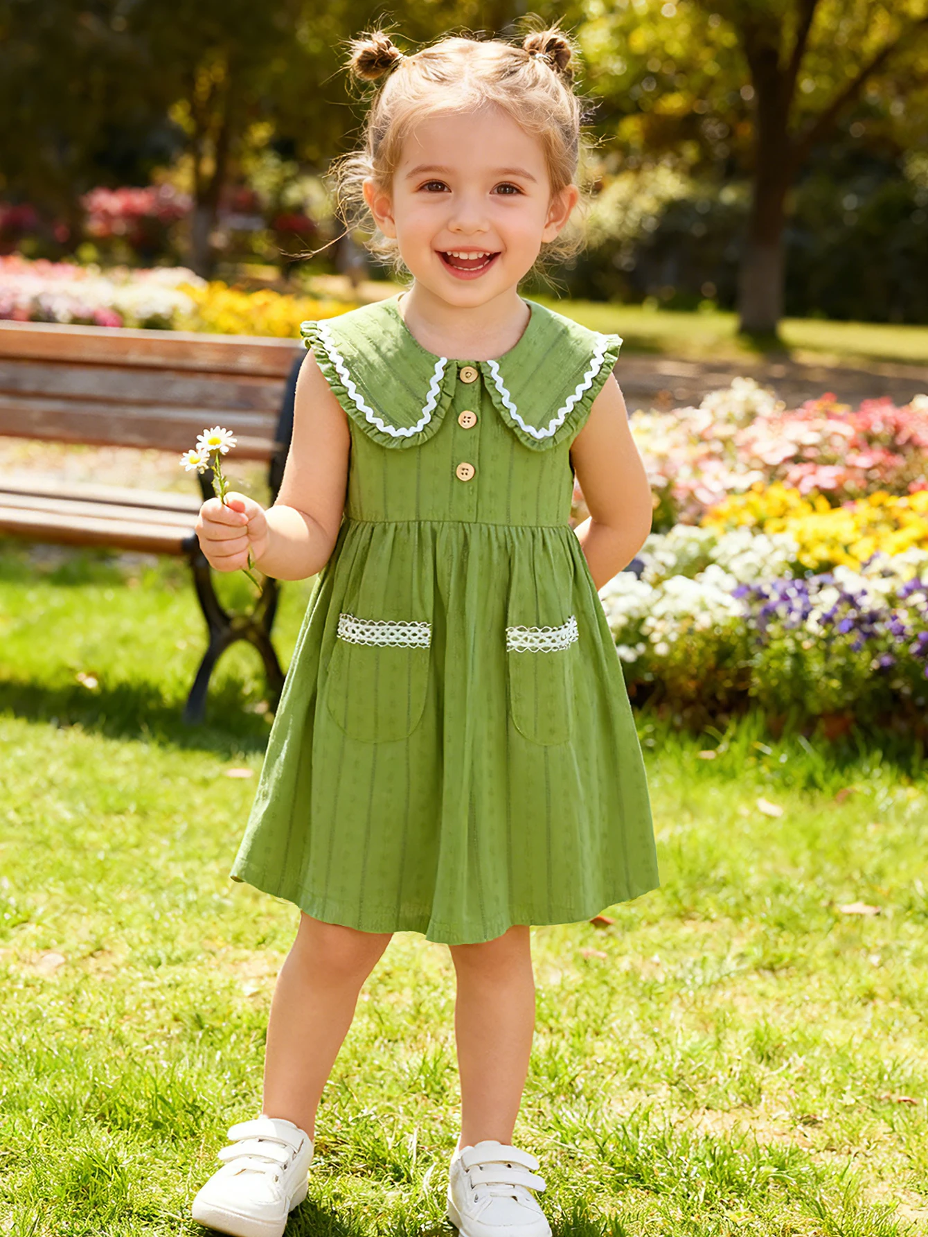 فستان بناتي صيفي بأكمام قصيرة، طباعة عشوائية من القطن الخالص مع أزرار جيب، فستان كاجوال للاستخدام الخارجي