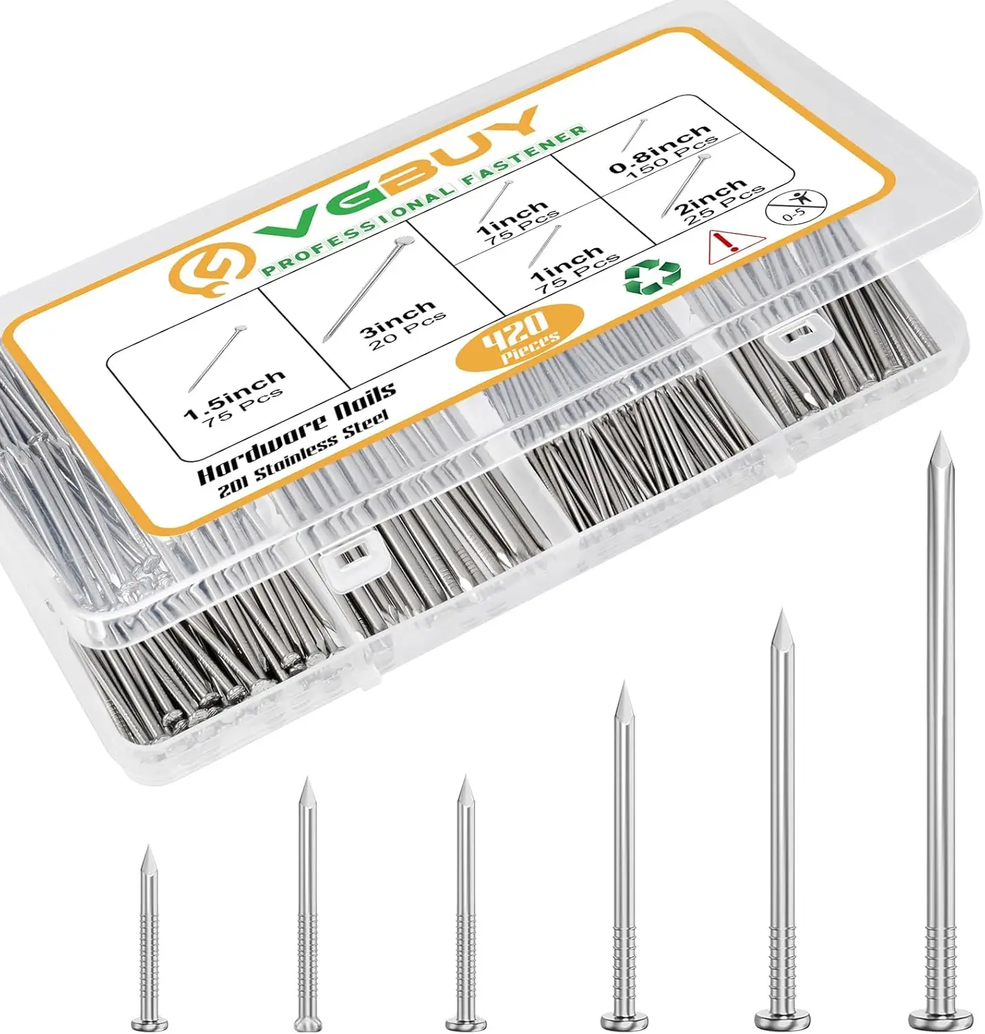 

420PCS Stainless Steel Hardware Nails Kit, 6 Sizes Up to 3 Inch for Hanging Pictures, Wall & Wood