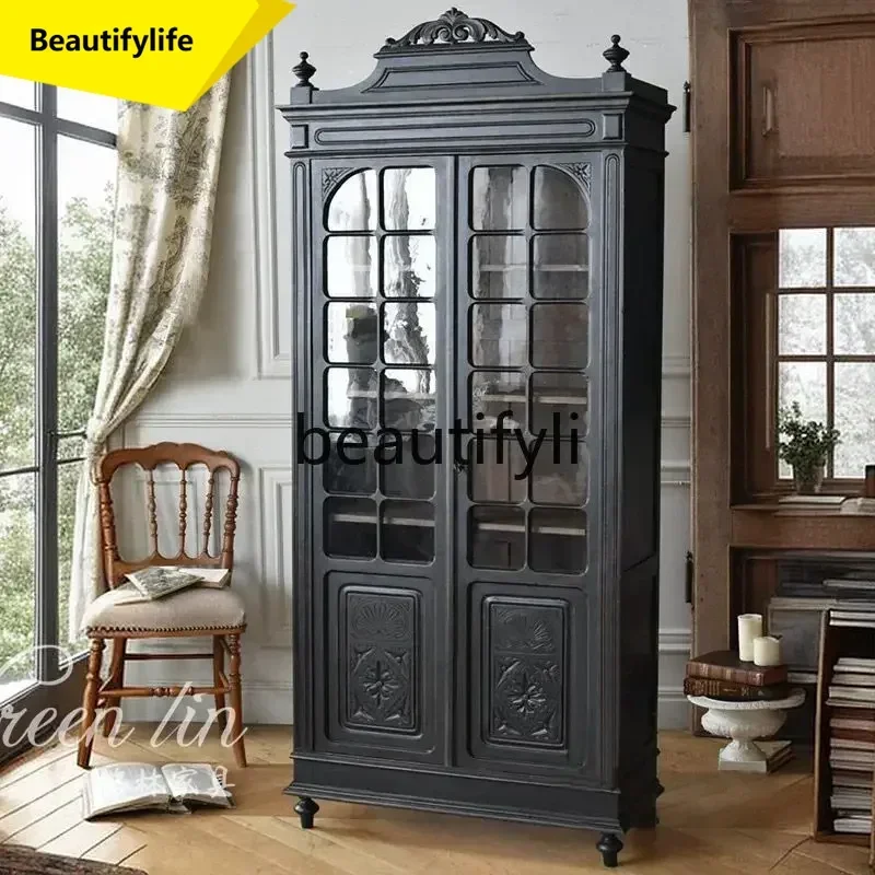 French retro solid wood carving flower wine cabinet American country decorative cabinet storage, display cabinet1225