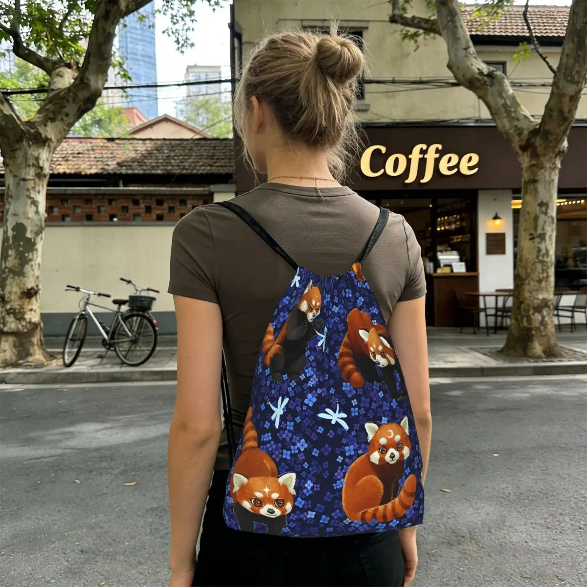 

Cute Cartoon Panda Red Raccoon Pattern Backpacks Fashion Drawstring Bags Sports Bag Book Bags for Man Woman School