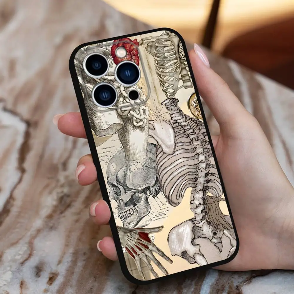 Human Art Anatomy Medische Telefoon Case Voor iPhone 16,15,14,13,12,11 Plus,Pro Max,XS,X,XR,SE,Mini,8,7,Zachte Siliconen Zwarte Cover