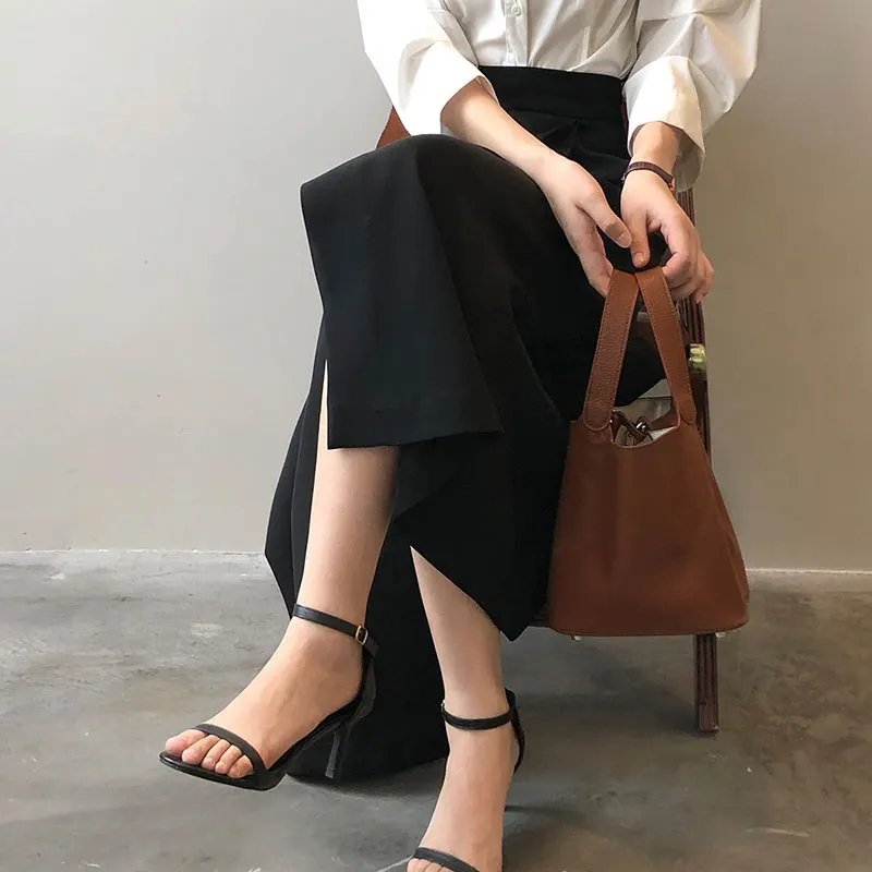 

Korean Elegant High Waist Split Mid-Length Skirts for Women Spring Summer Loose Pockets Solid Ladies A-line Skirts Temperament