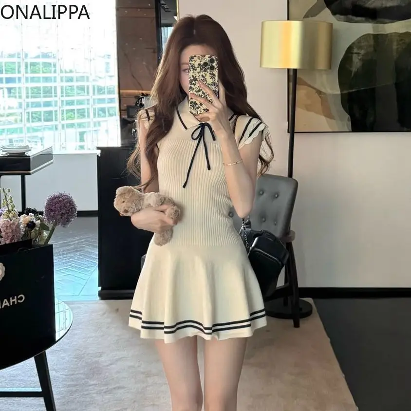 Onalippa Contrast Flying Sleeves Mini Dress for Women Striped Ruffles Elastic A Line Dresses Preppy Style High Waist Vestidos