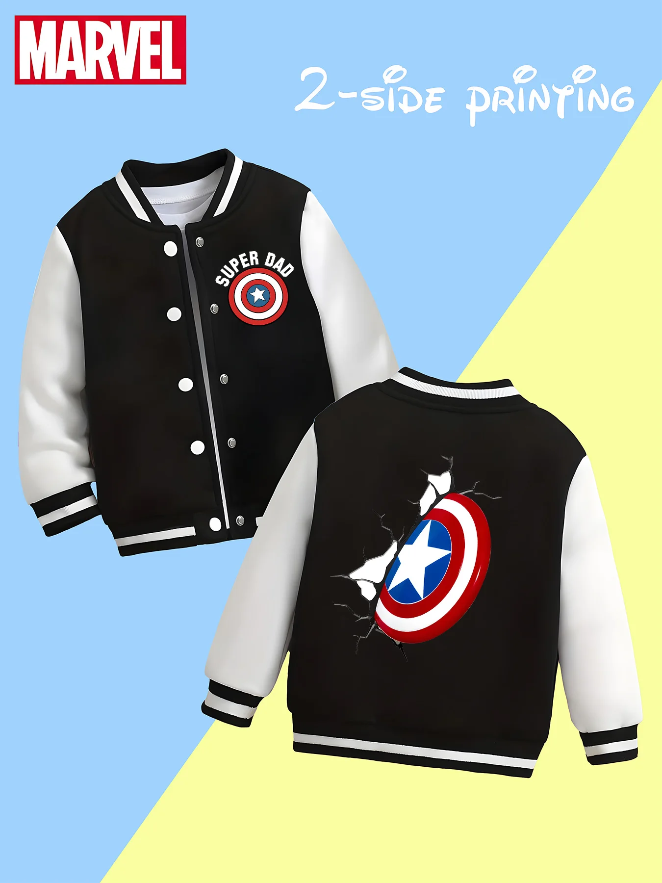 

MINISO Marvel Boys' Baseball Jacket - Captain America Shield Print, Double-Sided Pattern, Comfortable Fabric, Black and White, F