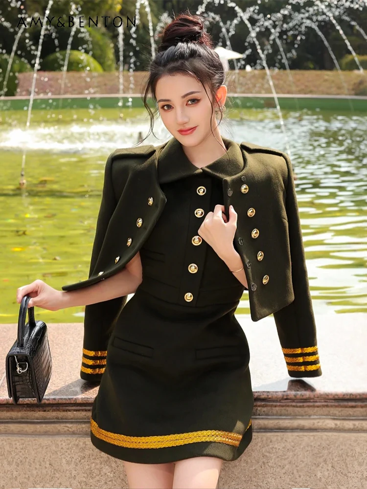 

Temperament Woolen Skirt Sets Women Autumn Winter Office Lady Double-breasted Lapel Jacket Sleeveless Vest Skirt Two-piece Set