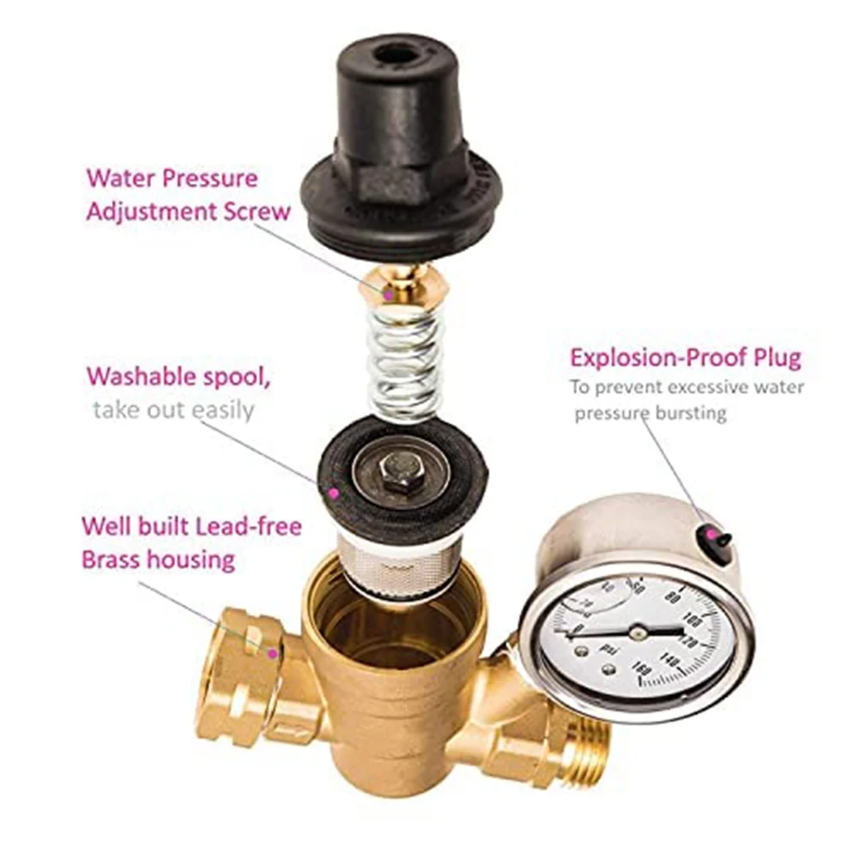 

T45C_RV Water Pressure Regulator Valve Brass with Gauge and Inlet Screened Filter for Camper Trailer