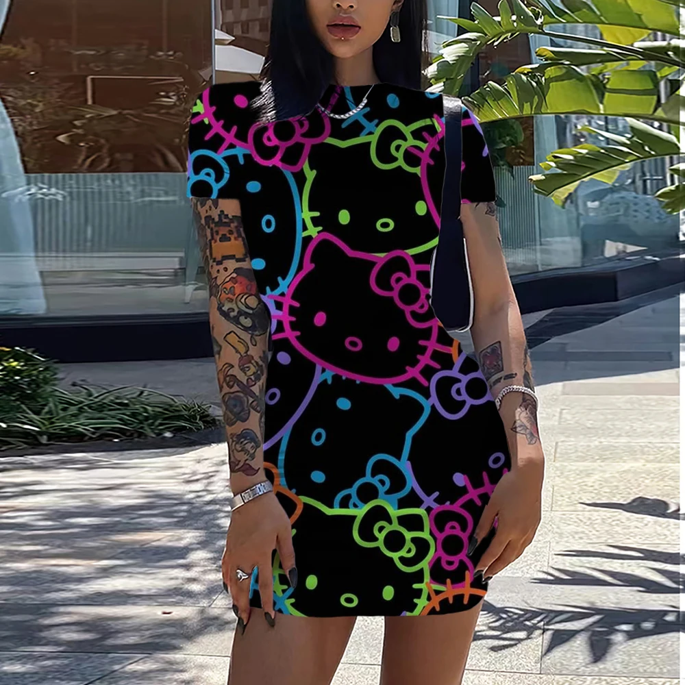 4XL 5XL LW Plus Size Round Neck Bodycon Long Dress Summer Women Elegant Hello Kitty 3D Printed Short Sleeve Bodycon A line Dress