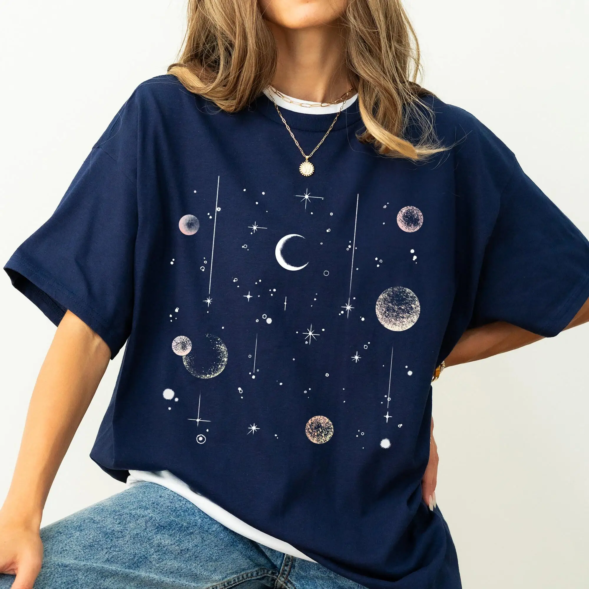 Celestial Moon Phase T-Shirt, Astronomy Graphic Tee Oversized Women's Round Neck Printed T-shirt
