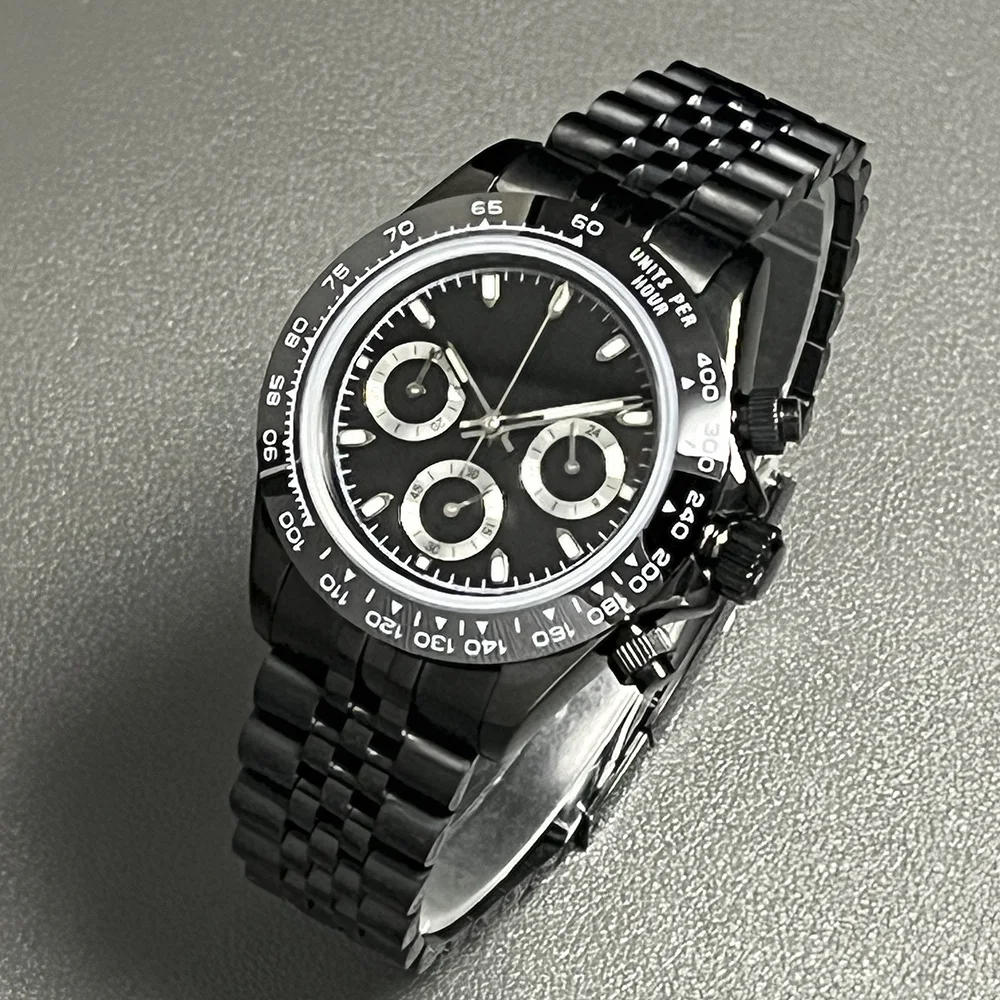 

Черные мужские кварцевые часы с хронографом, стальной корпус 39 мм, водонепроницаемые, полностью черные, с керамическим безелем, спортивные часы