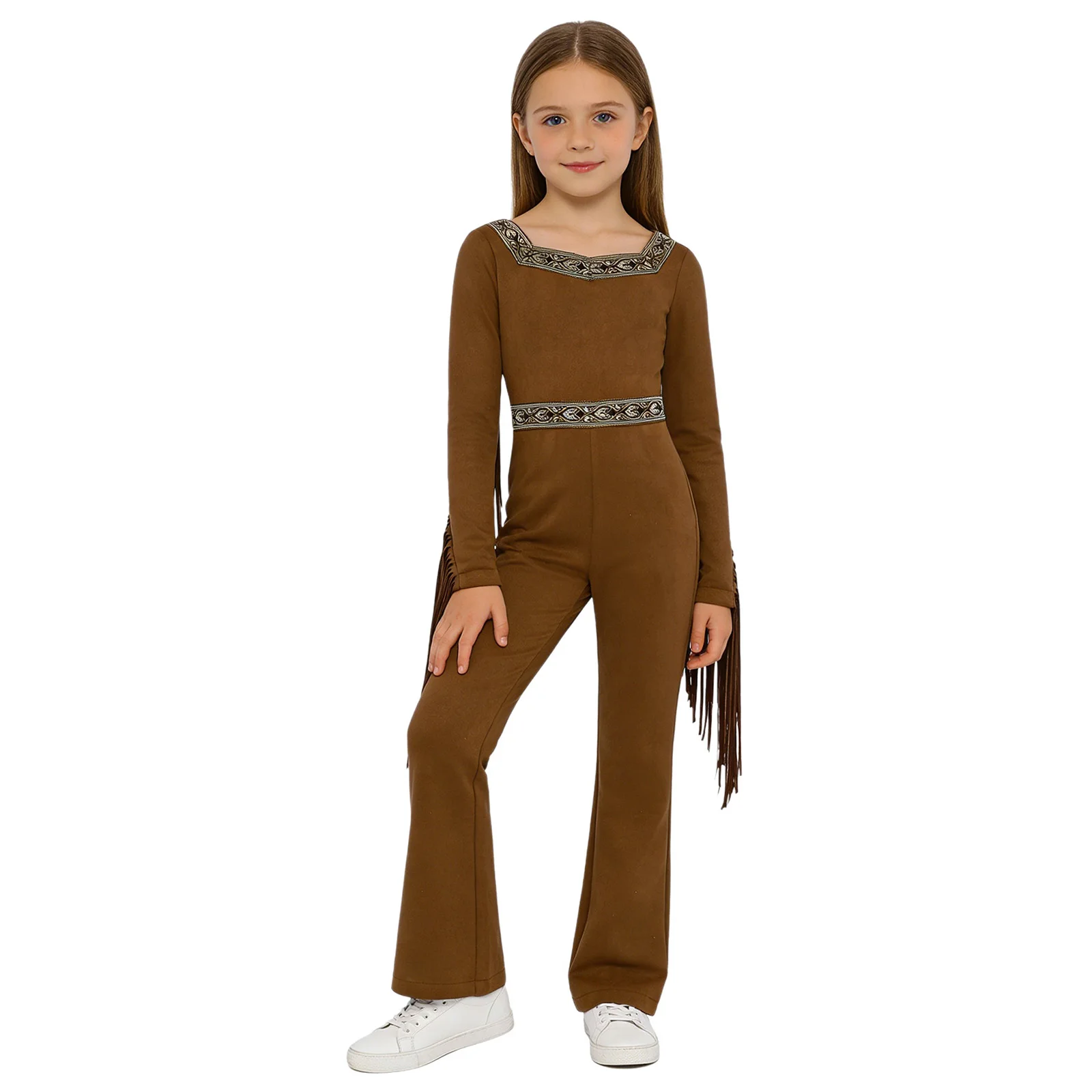 

Vintage Native Cave Cowgirl Indian Cosplay Outfit Unique Pattern Fringed Long Sleeve Slim Fit Jumpsuit for Party Halloween