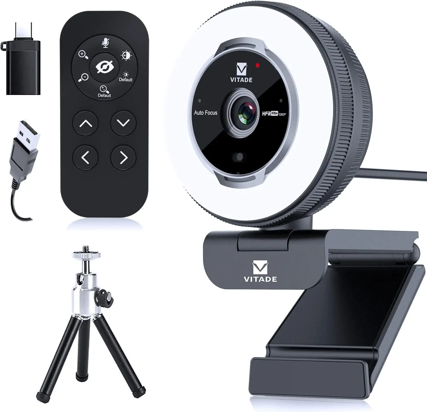 

Zoomable Webcam with Remote Control, 1080P 60FPS Streaming Webcam with Adjustable Ring Light and Tripod, Pro USB 5X Digi