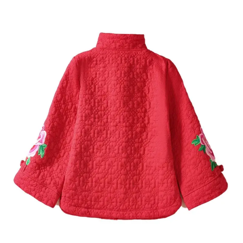 Retro-Stehkragen-Knopf-Baumwolljacke für Damen, große Größe, Tang-Anzug-Stil, ethnisch bestickter Kurzmantel im Herbst/Winter G026