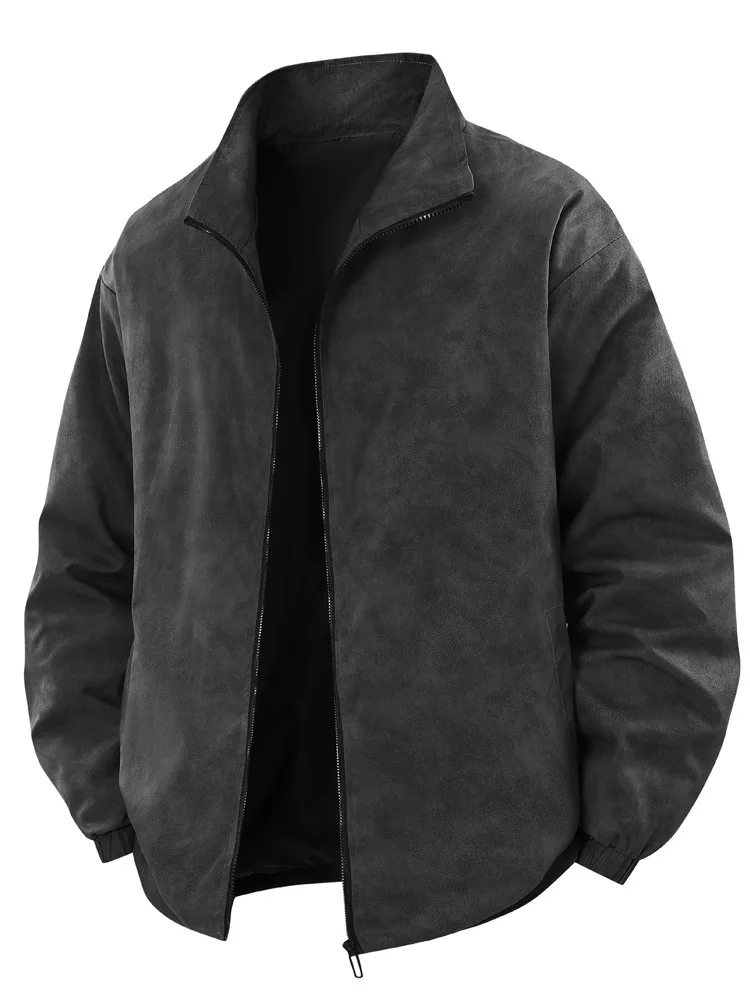 

Men Jacket Autumn Vintage Streetwear Stand Collar Zipper Man Coat Loose Casual Comfortable Pocket Long Sleeve Male Outerwear