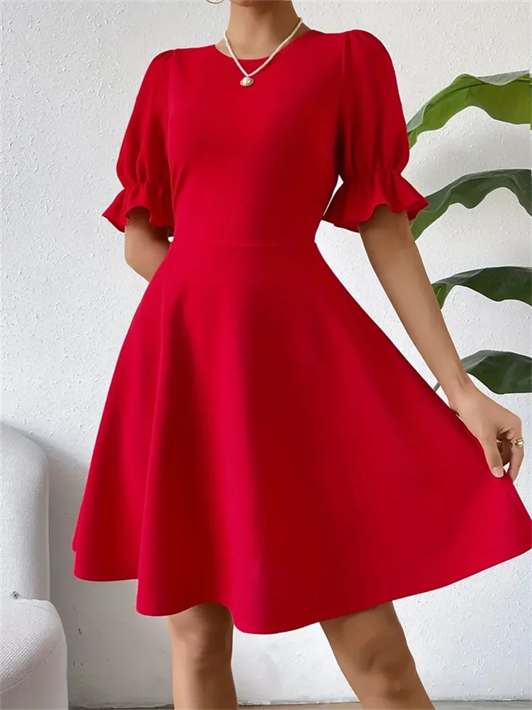 

Skirt-Border Women's Clothing Square Collar French Style Puff Sleeve Ruffled Short Dress Women's High Sense A- line Skirt