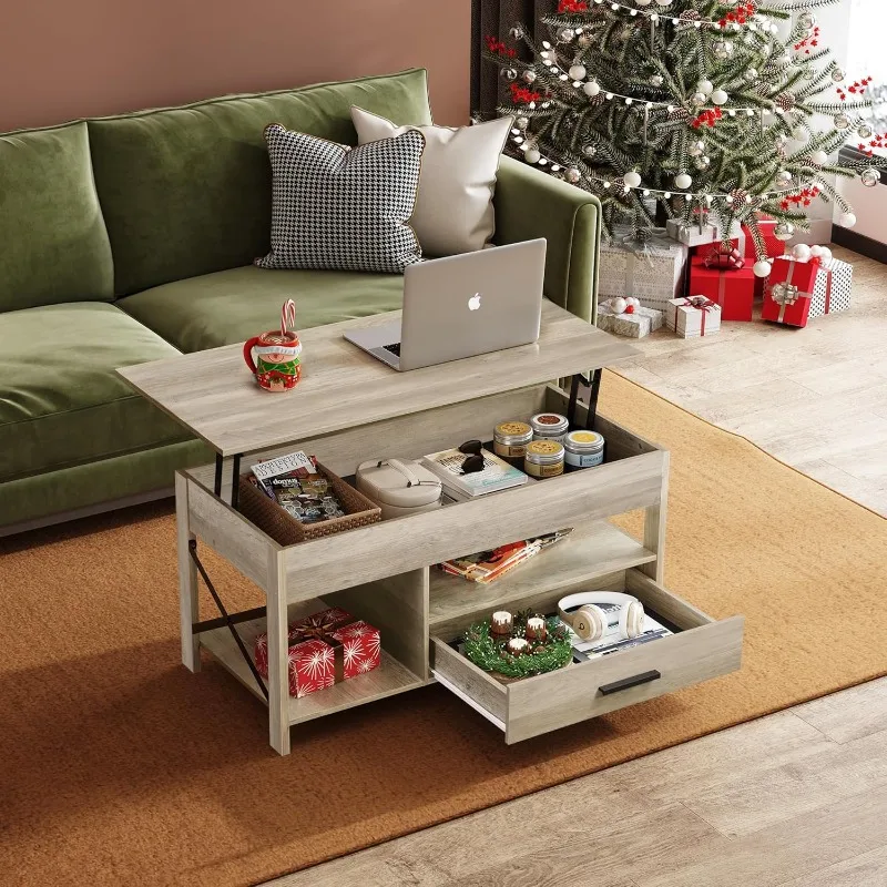 Coffee table, 39-inch height-adjustable top coffee table with hidden compartments, storage drawers and storage racks