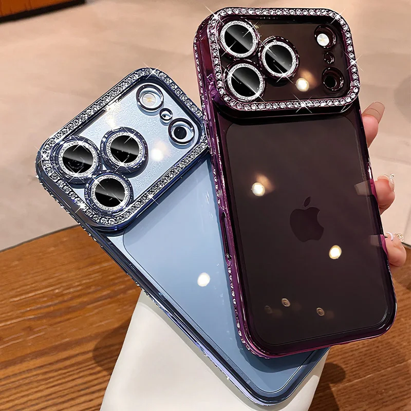 Luxuriöse Bling-Kristall-Linsenschutzfolie Handyhülle für iPhone 11 12 13 14 15 16 17 18 Pro Max Plus Air Stoßfeste Silikon-Bumper-Hülle – Detail 1