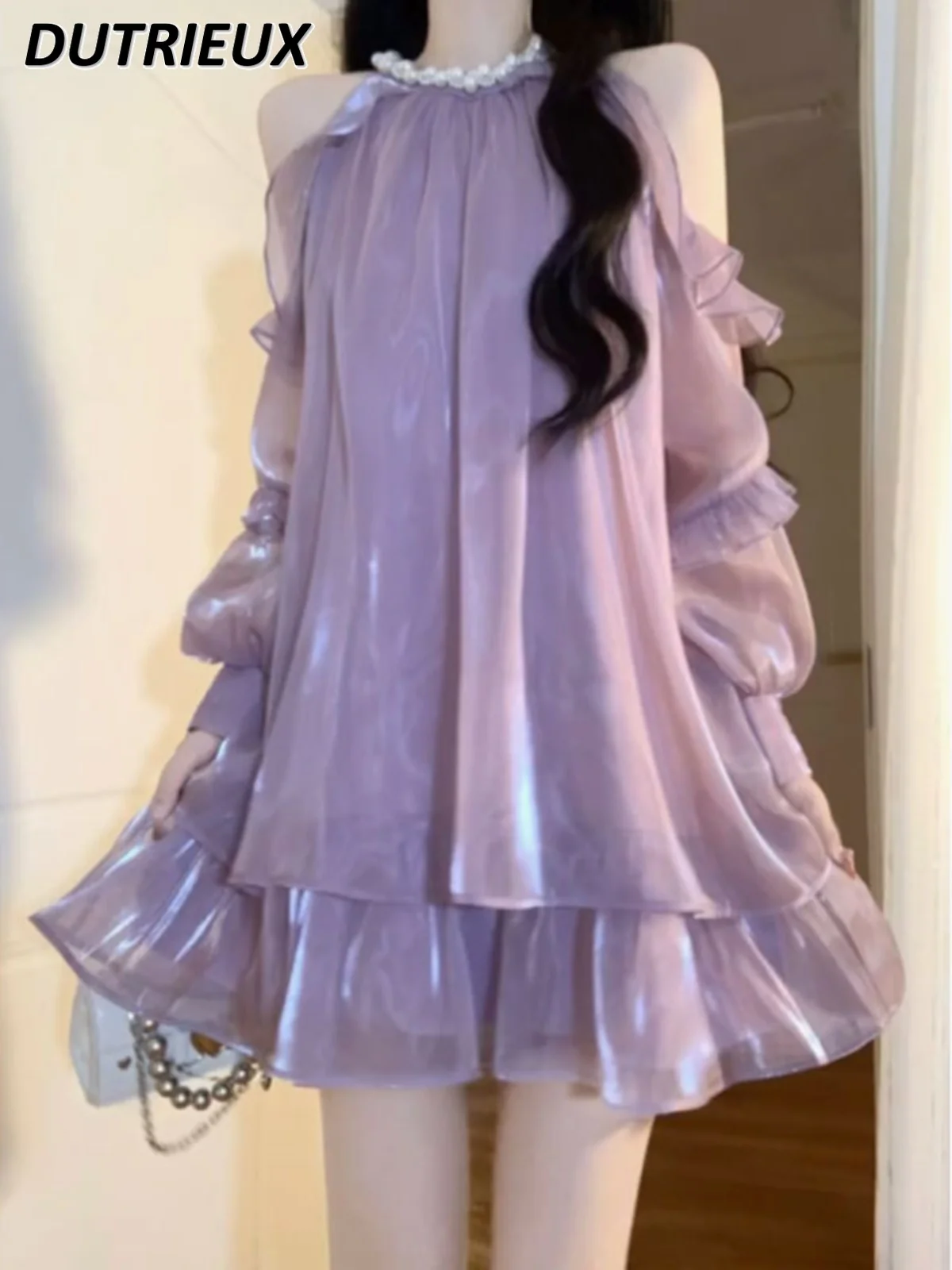 French Satin Off-Shoulder Halter Dress Women\'s Summer Sweet Short Fairy Pettiskirt Birthday Purple Long Sleeve Dresses