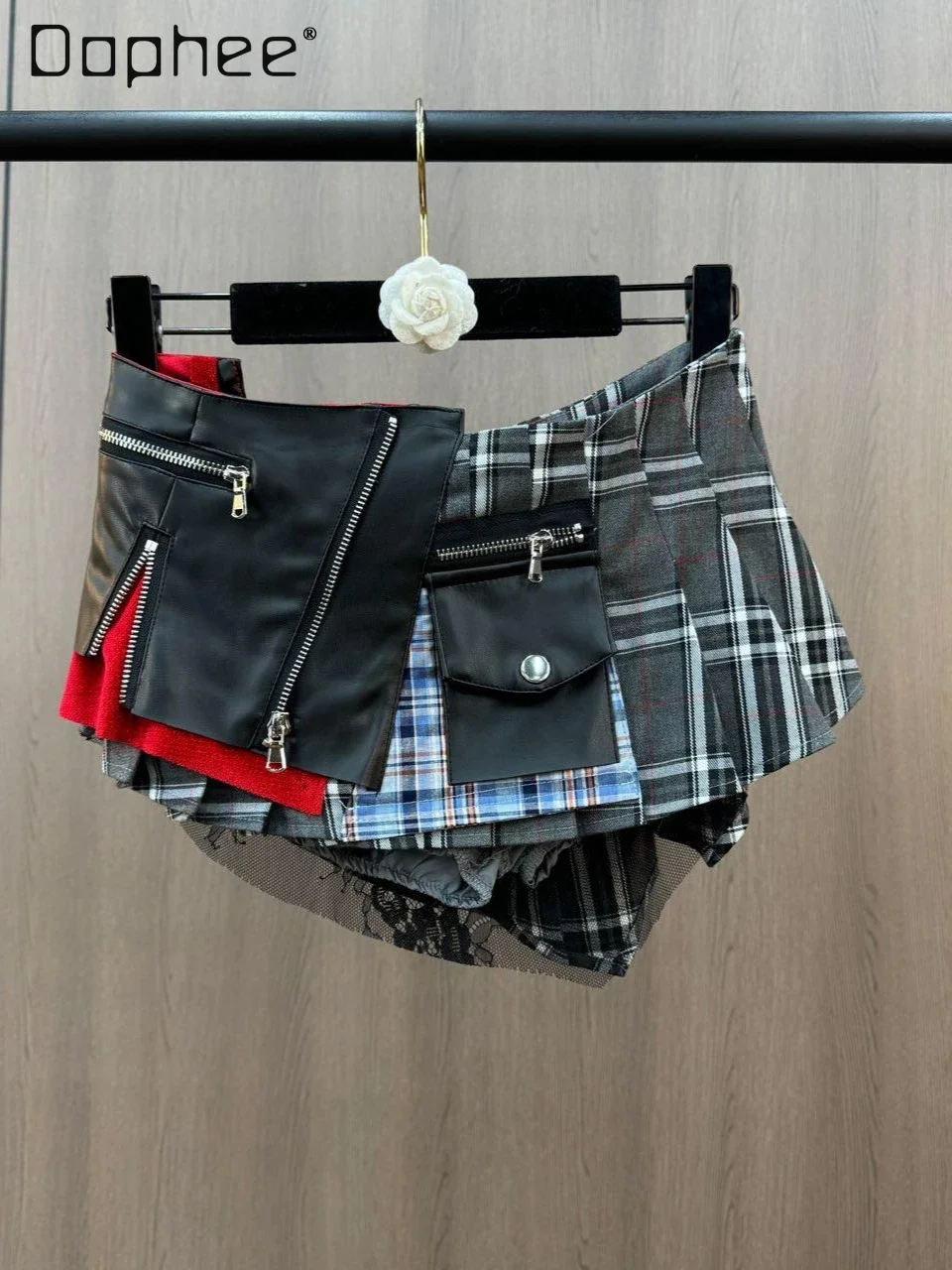 Spring Pleated Skirt Women's Heavy Industry Splicing Design Punk Style Mini Skirt Personalized  Street Spice Girl Plaid Skirt