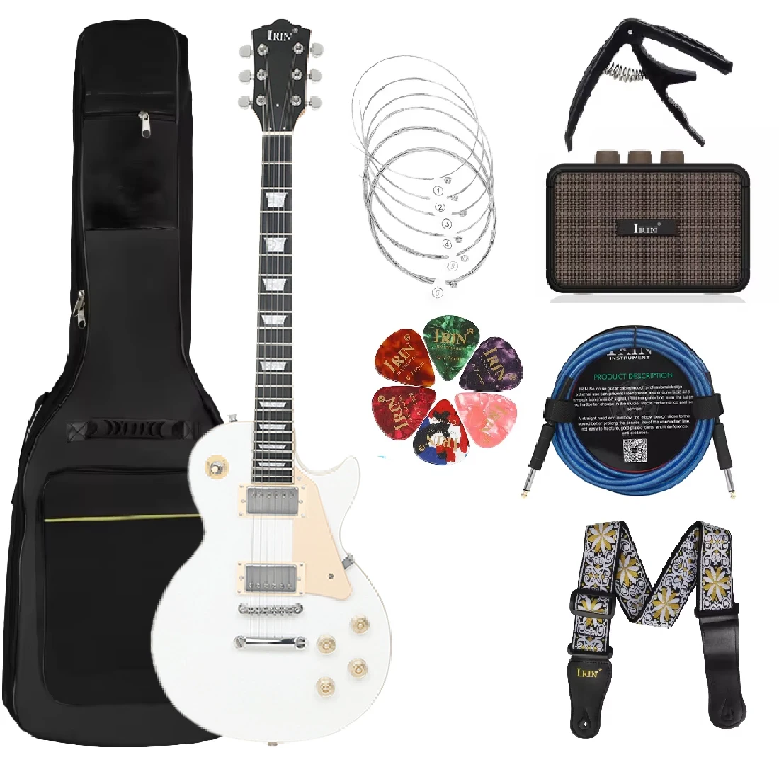 IRIN 6 Strings White Electric Guitar 39 Inch Solid Full-size Electric Guitar Starter Kit Includes Amplifier Bag Strap