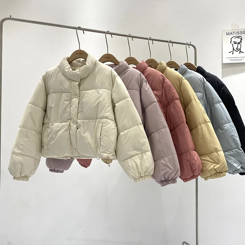 Sweet Fashion Beige Cotton Jacket for Women Autumn Winter Korean Solid Color Stand Collar Drawstring Warm Coat Female Outwear