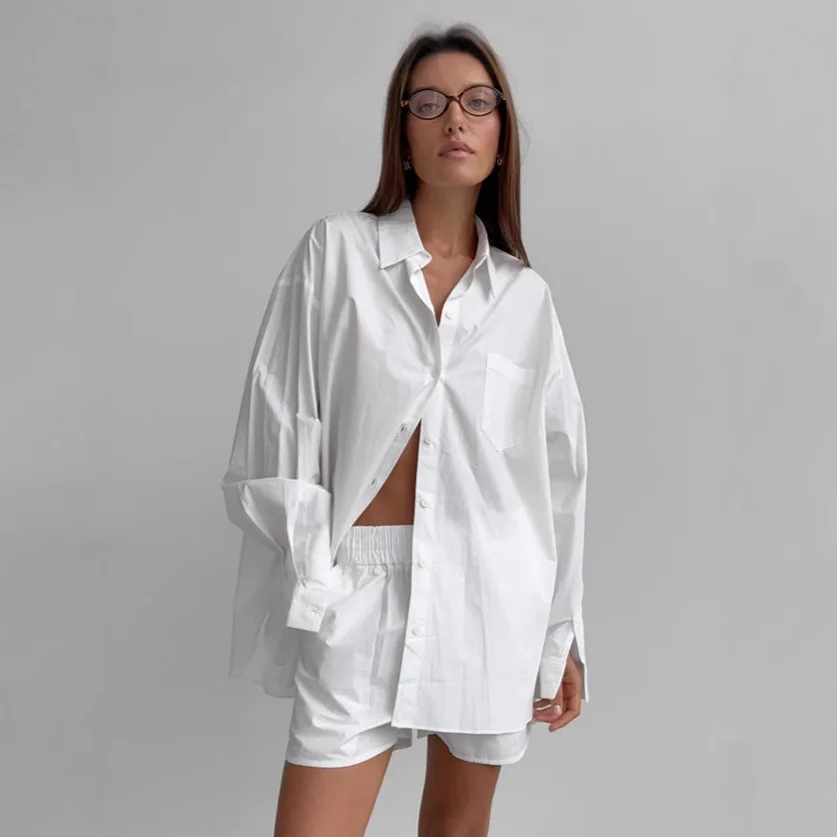 

Осенние женские комплекты из чистого хлопка из 2 предметов, блузка с воротником с лацканами и пуговицами для женщин, короткие прямые женские брюки с эластичной резинкой на талии