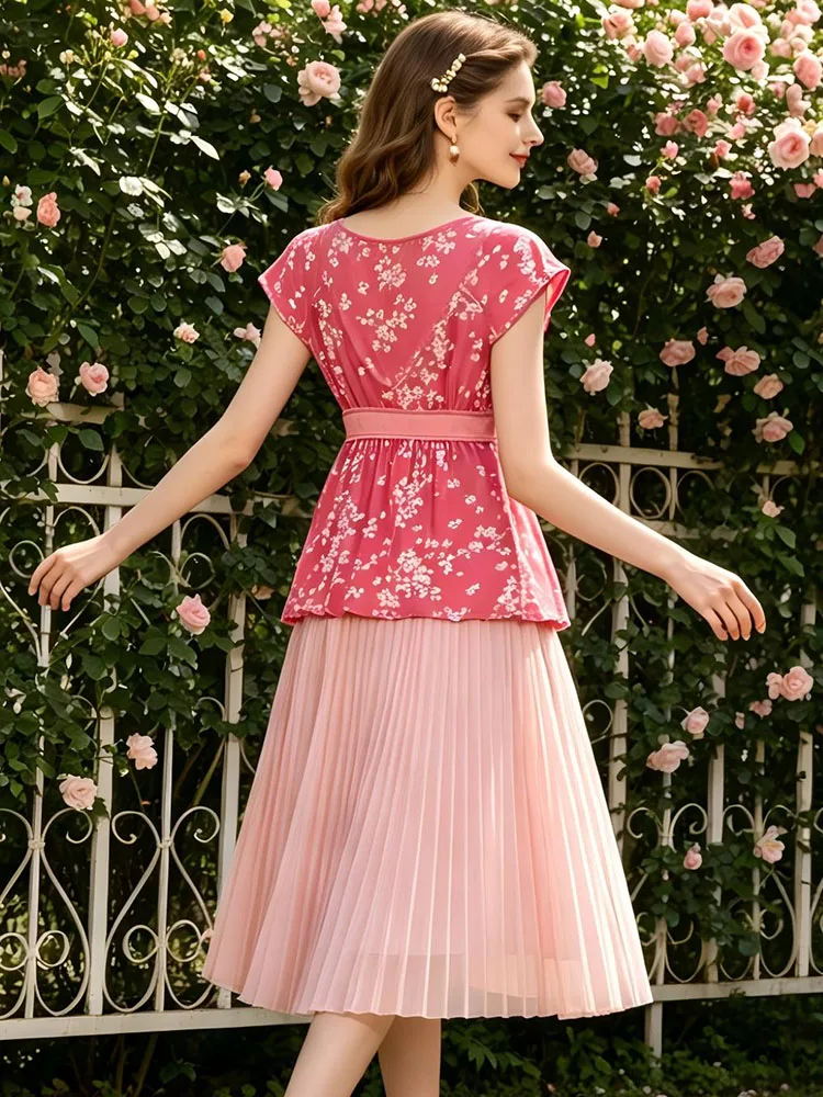 Y2K retro floral top women's rose pink millennium style aesthetic short sleeved V-neck lace border summer casual T-shirt