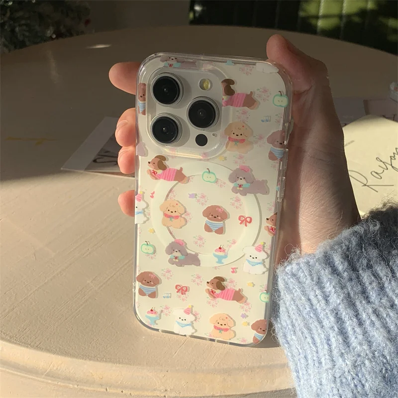 Korean Cute Puppy Magnetic Phone Case For iPhone 16 Pro 15 12 14 13 Pro Max Cover with Magsafe Stand Holder Kawaii Cases 15Pro