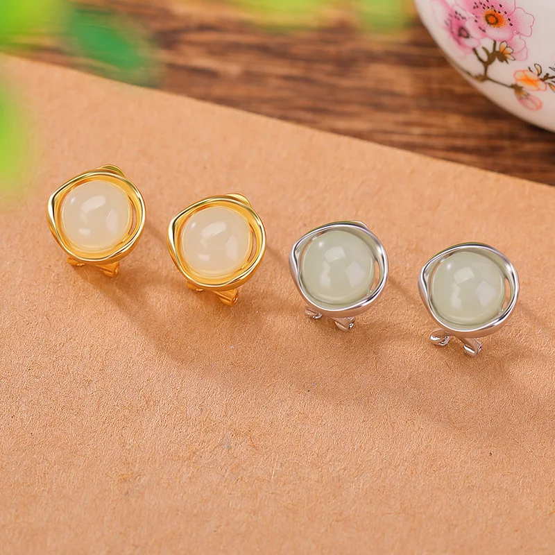 

S925 Sterling Silver Gold-Plated Hetian Jade Round Bead Modern Geometric Earrings
