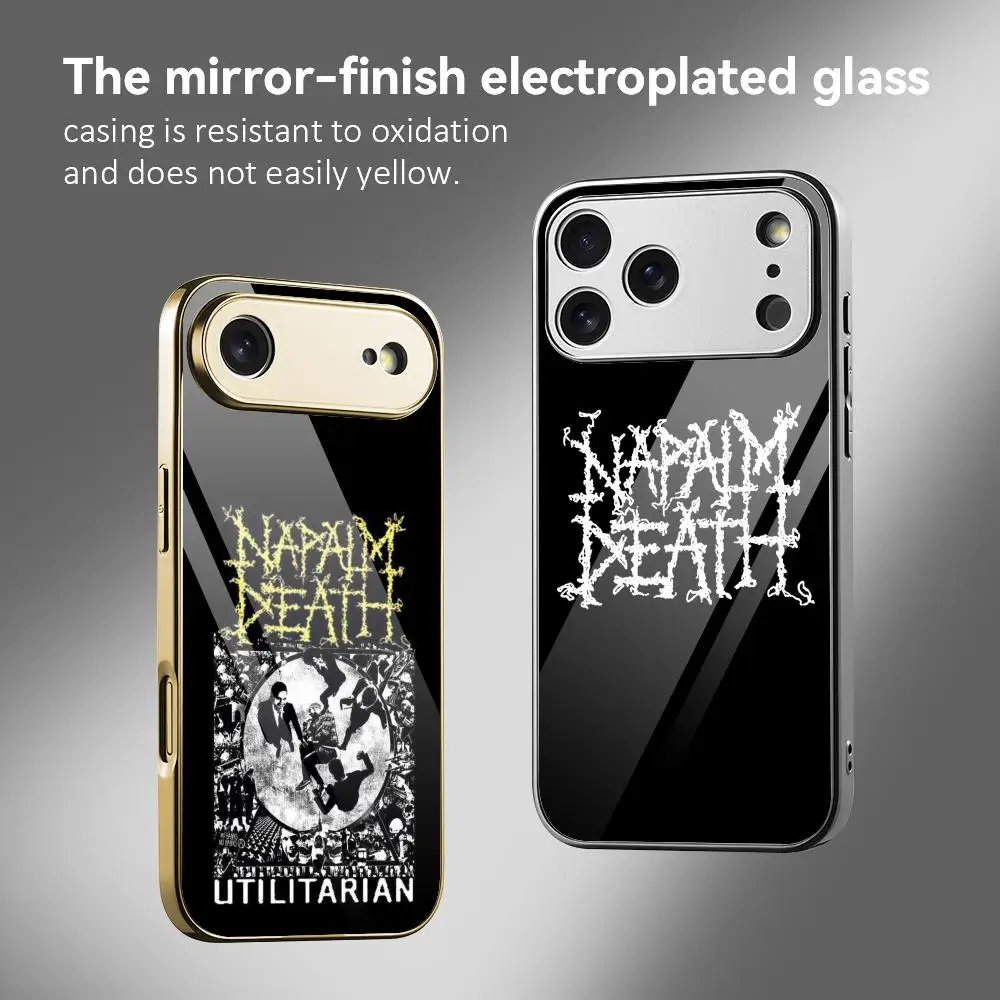 

N-NAPALM DEATHS Metal Phone Case For IPhone 17 16 15 14 13 12 Pro Max Plus Electroplated Metal Bumper Case Tempered Glass Back