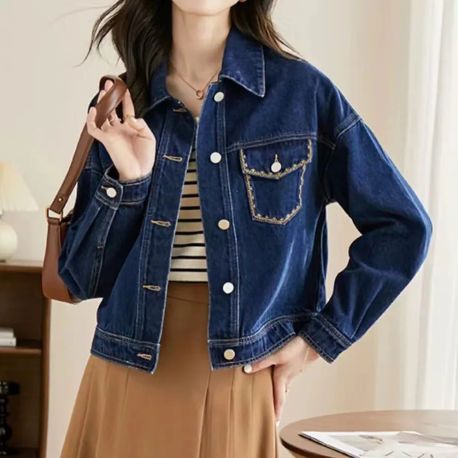 Denim Jacket Women Coat Embroidery Pockets Turn Down Collar Single Breasted Washed Outerwear Autumn Office Lady Vintage Overcoat
