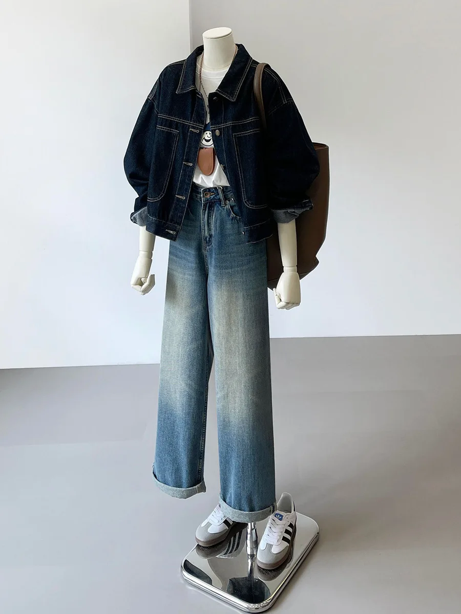 Wiosenno-jesienna, nowa, koreańska wersja, casualowa i wygodna, cienka koszula z kieszeniami, granatowa krótka kurtka jeansowa, styl roboczy dla kobiet.