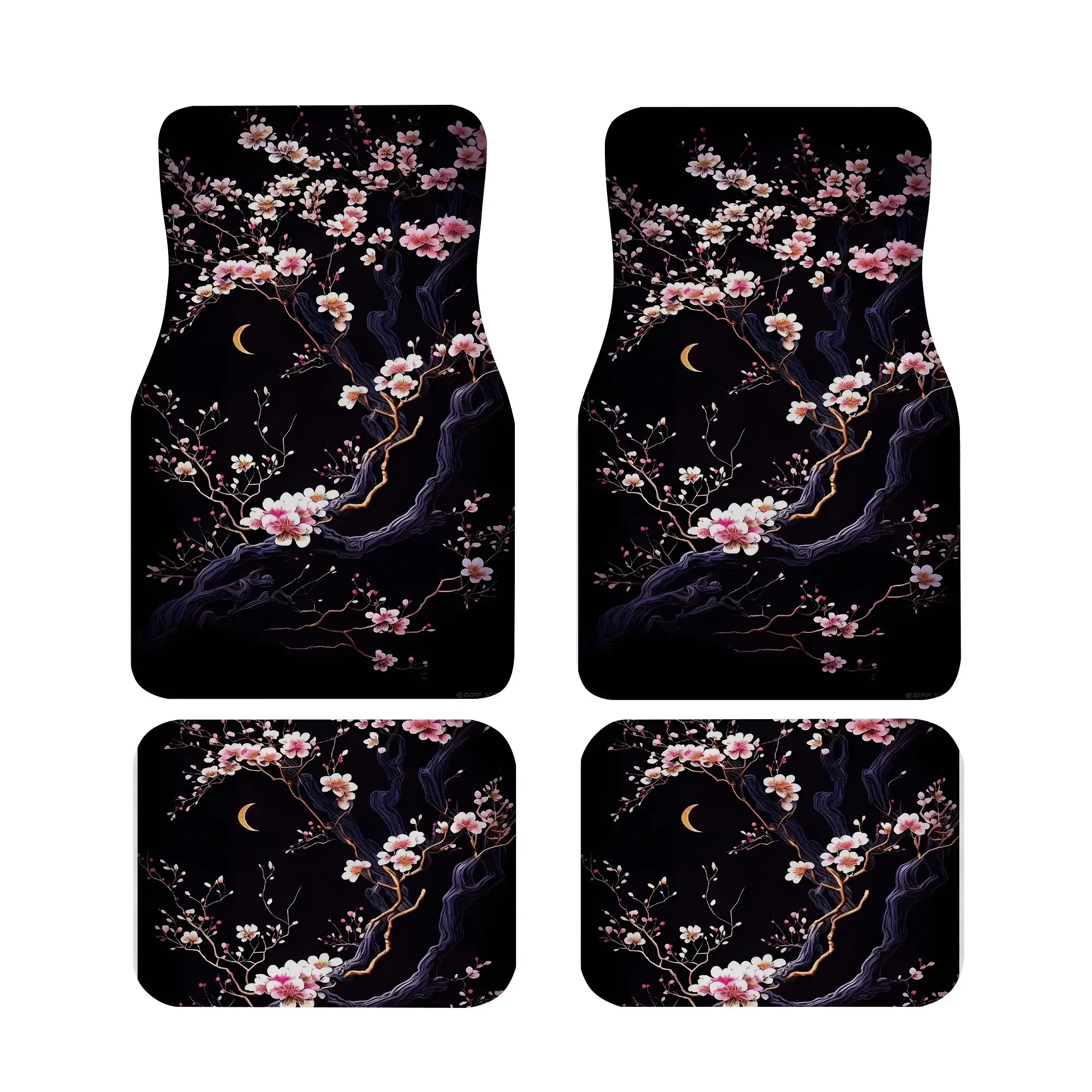 Complete Set Of Car Floor Mats And Trunk Mat In Night Cherry Blossom Design, Featuring A Stunning Scene. These All-Weather Inter
