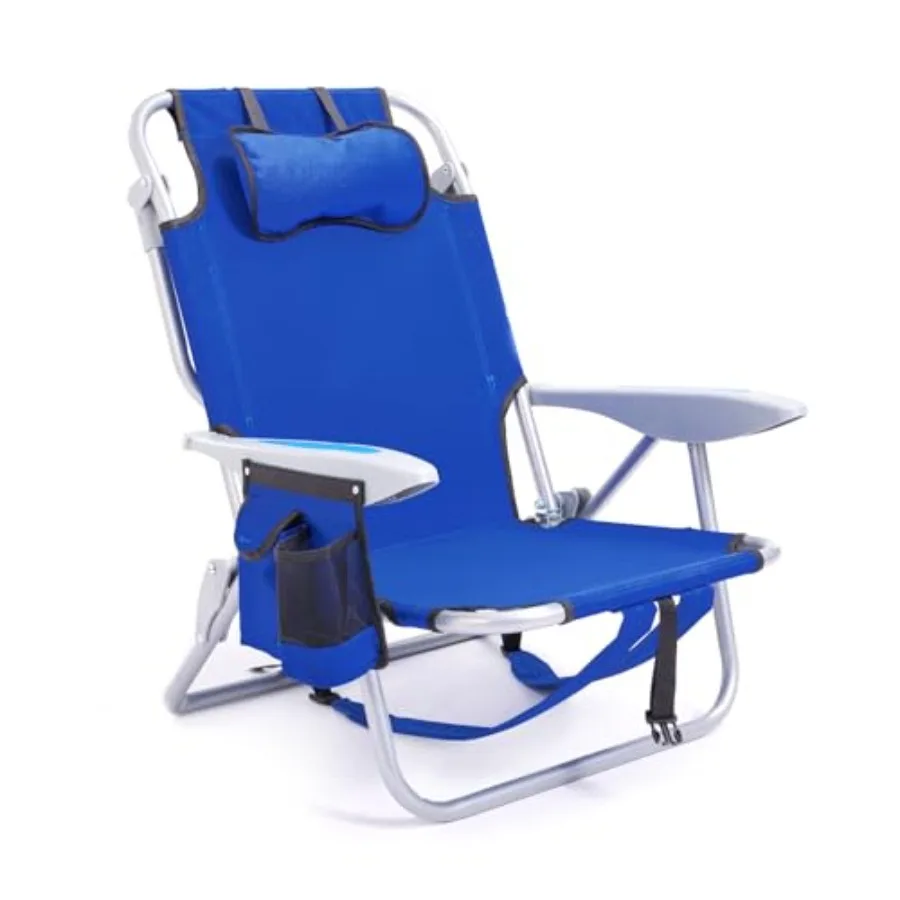 Portable beach chair for adults: lightweight aluminum frame, blue color, 5-position reclining with backpack straps for easy tra