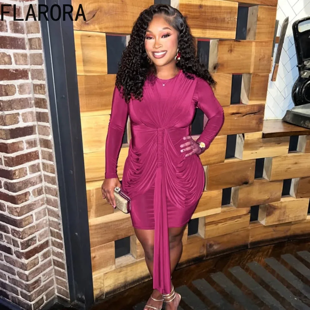 

FLARORA Elegant Ruched Patchwork Dress Woman Fashion Ribbon Long Sleeve Bodycon Peach Hip Dresses Hottie Stretch Party Clubwear