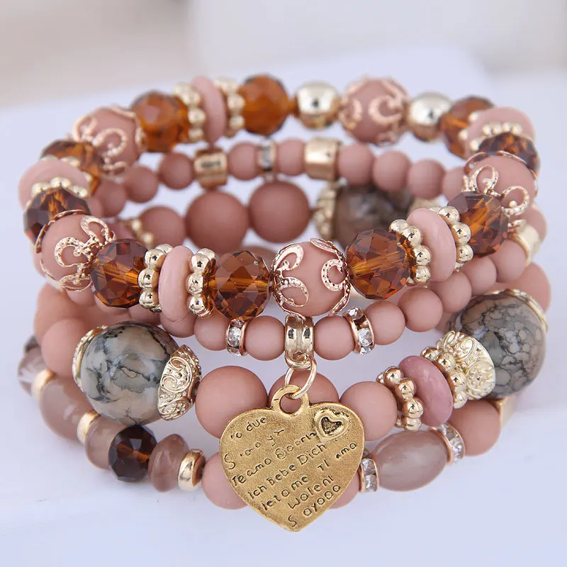 Heart Bead Bracelet For Women Fashion Accessories Antique Tassel Multilayer Mixed Color Beaded Bracelet Set Bohemia