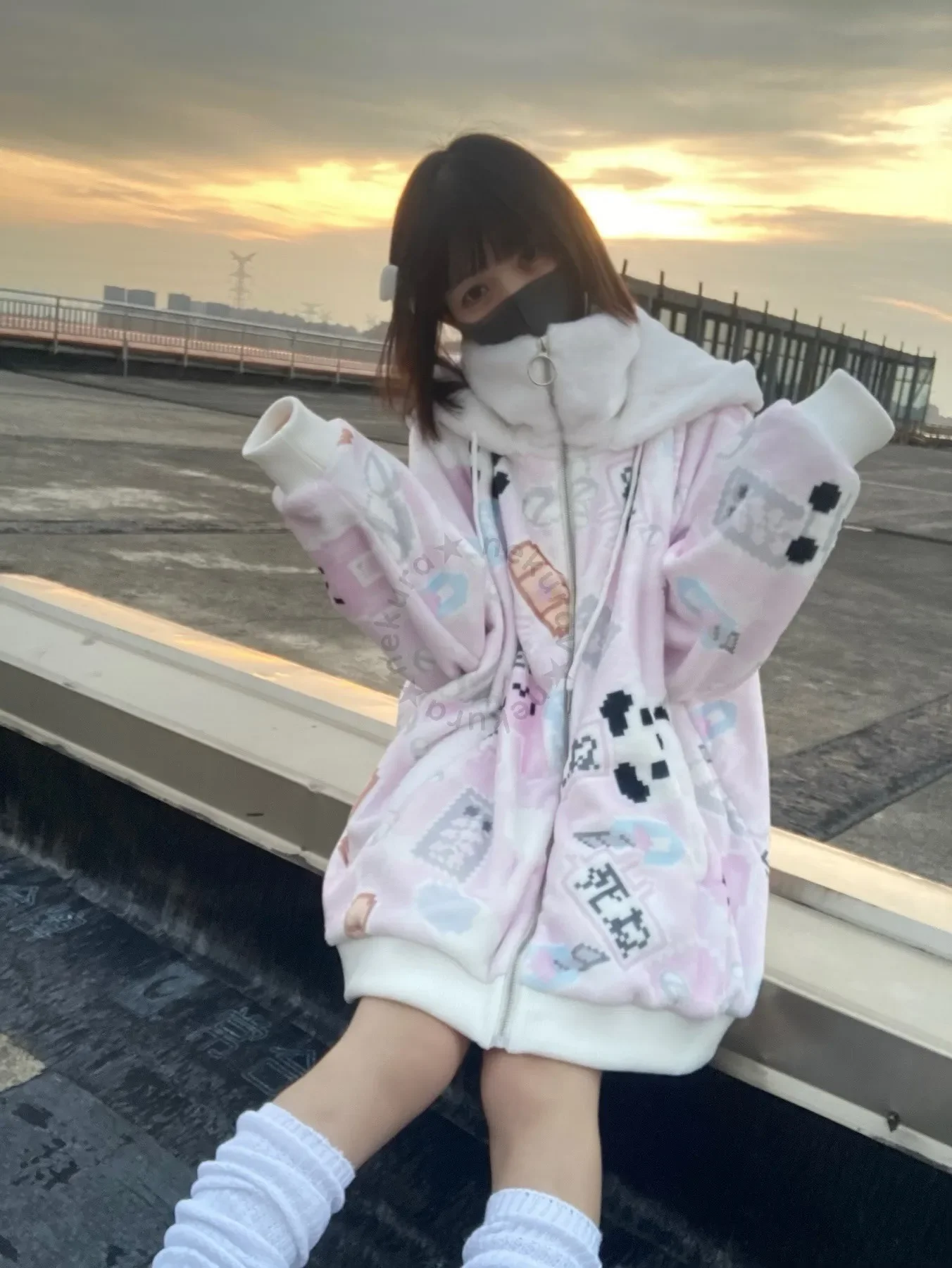 Original Design Cute Print Flannel Cat Ear Oversized Zip Coat Mine Style Girl Women\'s Thickened Warm Parka Cotton-padded Coat