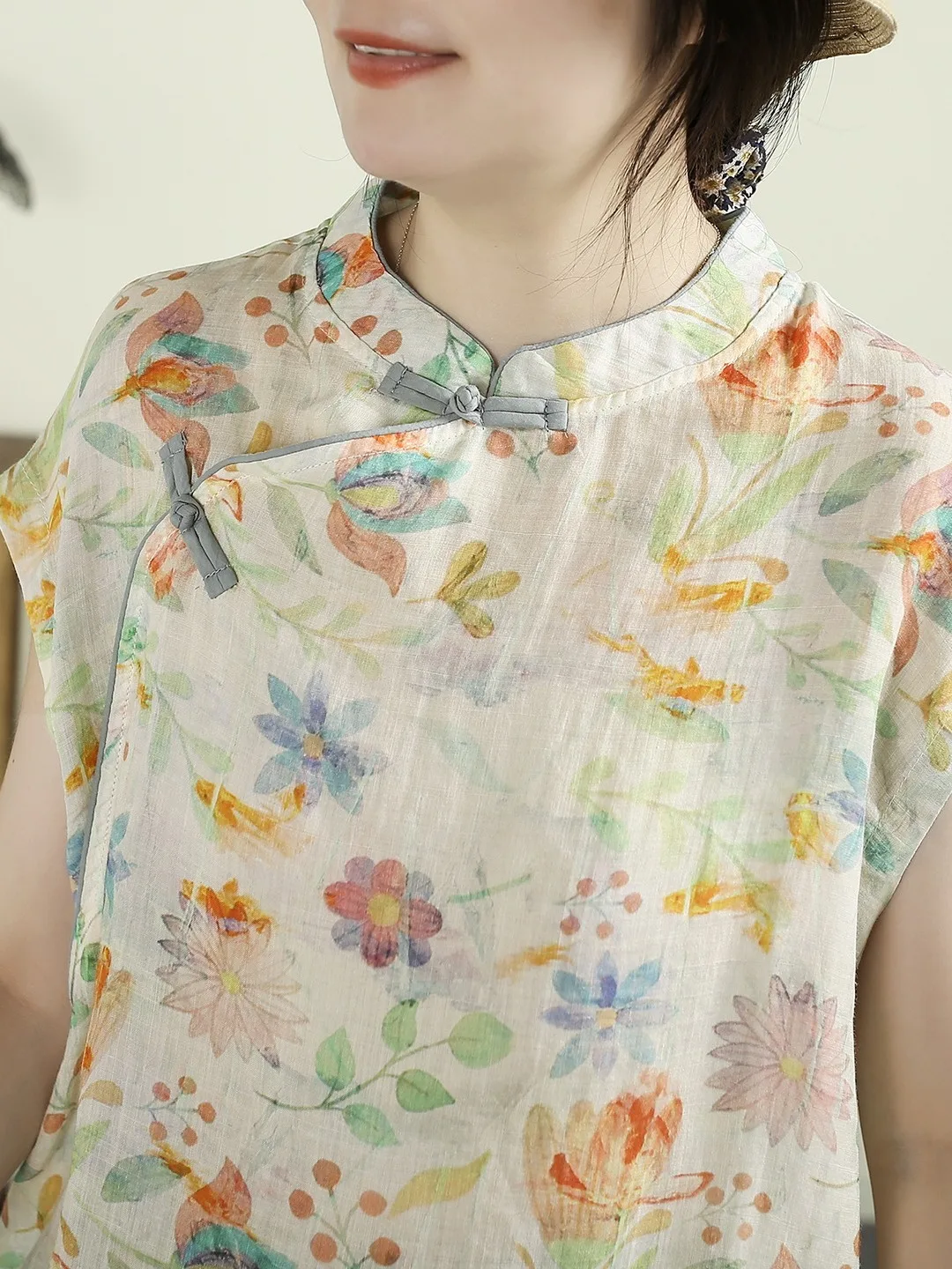 

2025 Summer New Retro Print Button up irt Chinese Sle Artistic Slant Collar Top Women's Faion Straight Cut Thin Fabric