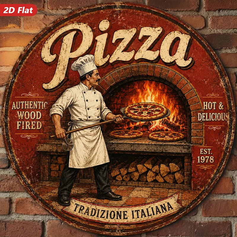 2D Flat, 1pc Vintage Pizza Oven Round Metal Sign Wall Art, Home Decor, Suitable for Dining Room Study, Pizza Lettering